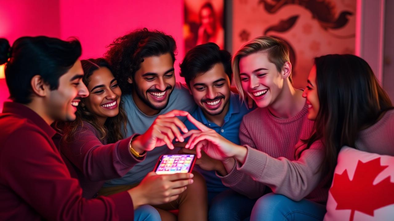 A friendly group of players sharing a smartphone, illustrating the supportive MegaBonanza community
