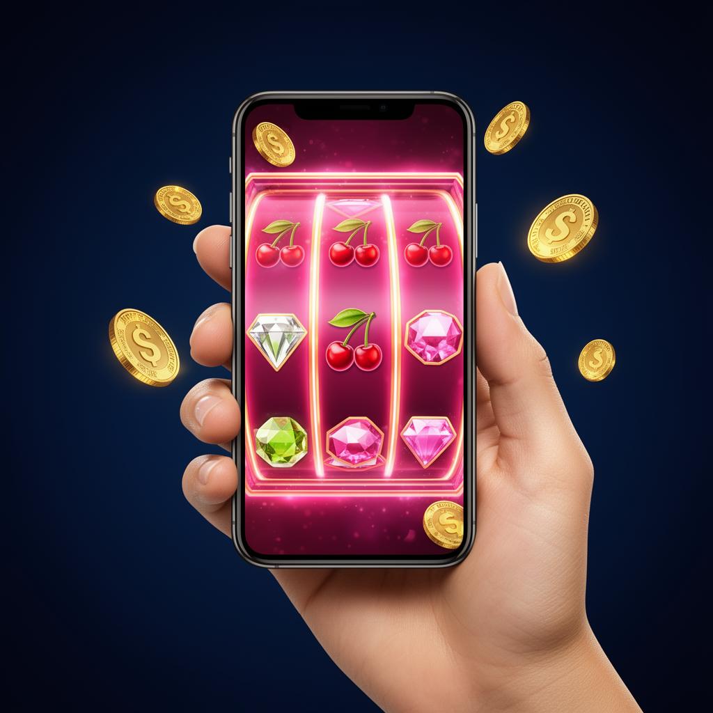 A hand holding a smartphone displaying a glowing pink MegaBonanza slot game with floating gold coins around it
